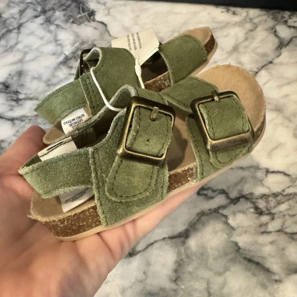 Janie and Jack Sandals Baby 6-12M GREEN Suede ~ Leather Buckle Strap Summer NWT